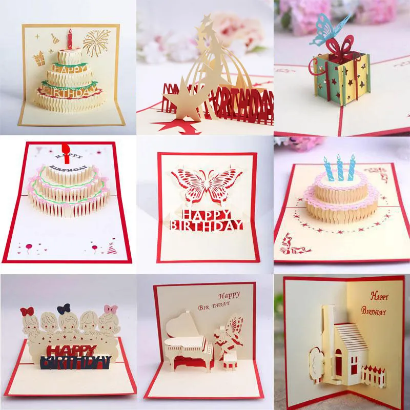 10 Styles Mixed 3D Happy Birthday Cake Pop Up Blessing Greeting Cards Handmade Creative Festive Party Supplies