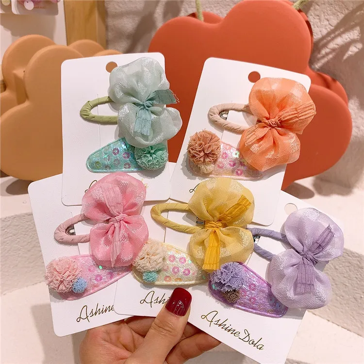 2 Pcs New Sweet Girl Princess Yarn Bow Hairpins Fashion Children's Cute Lace Ball Sequin Water Drop BB Clip Hair Accessories