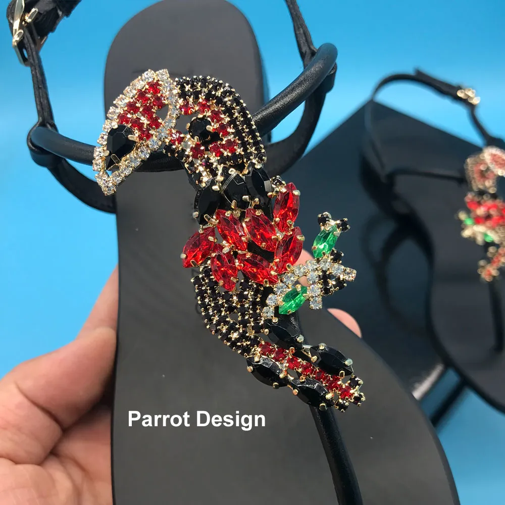 Zomerschoenen Aankomst sandalen Parrot Rhinestones Design vrouwen echte lederen strappy flats sandalen