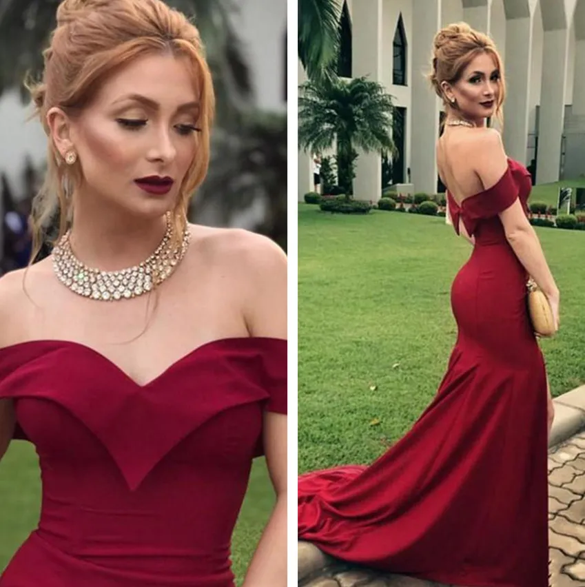 Burgundy Satin Off-Shoulder Mermaid Evening Dress with Zipper Backless and  Sweep Train from Dhgate Evening Dresses