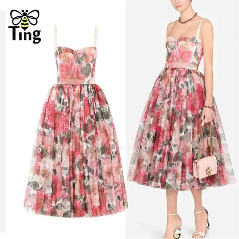 Tingfly Designer Floral A Line Vintage Elegant Party Night Dress Strap Summer Sexy Goblincore Midi Elbise Robes 210623