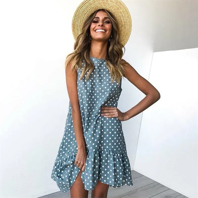 Kadın Elbise Kolsuz Midi Polka Dot Bohemia Plaj Yaz Sundress Parti Artı Boyutu Kadın Giysileri Vestidos 210309