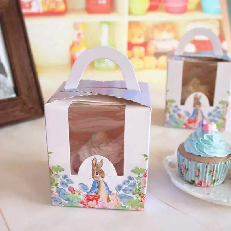 20st Cute Rabbit Printed Cupcake Box With Handle Birthday Party Cup Cake Boxes Förpackning för Cupcake Bröllopstårta Box 210724