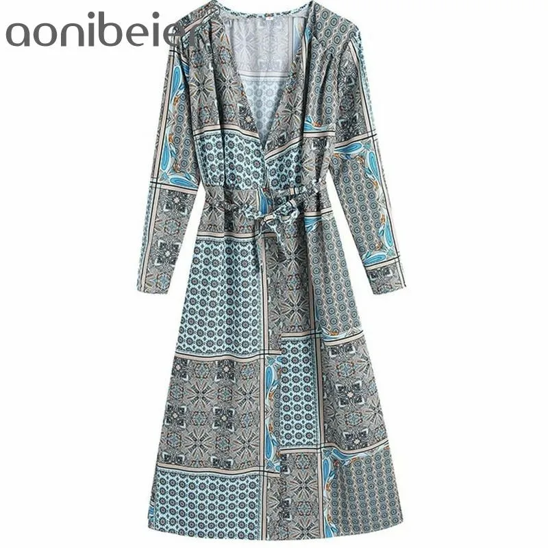 Vintage Totem Print High Waist Women A-Line Midi Dress Summer Fashion Deep V Wrist Sleeve Female Casual Wrap 210604