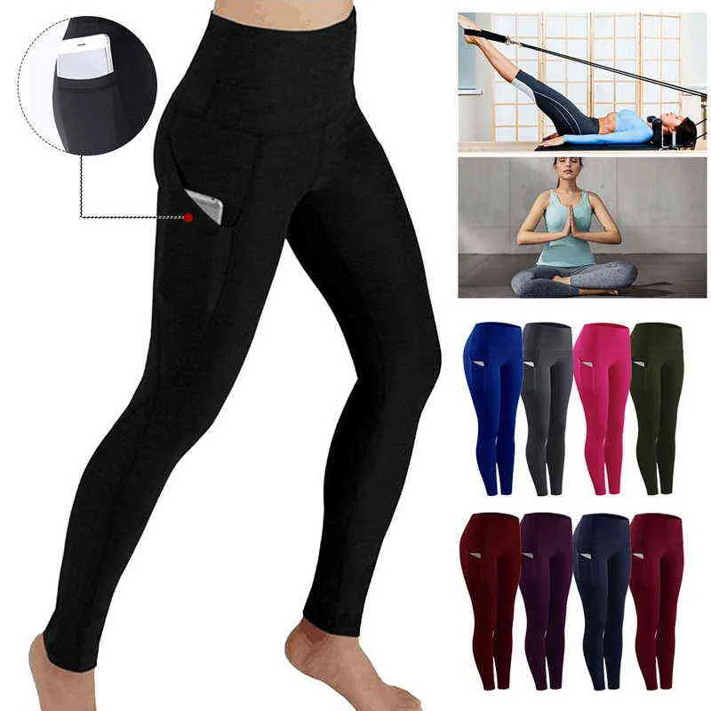 Yoga byxor med fickkvinnor sömlös plus storlek sport leggings kvinnliga gymbyxor jogging tights fitness byxor h1221