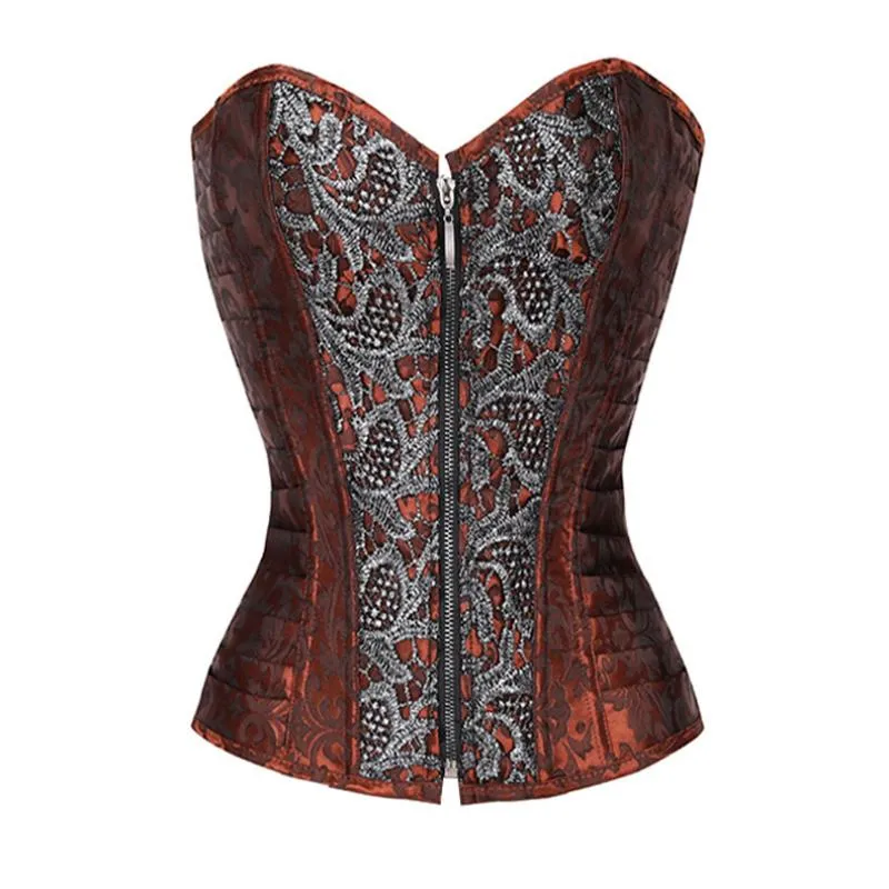 Kvinnors shapers plus size steampunk korsett sapubonva gotico punk brun överbust baskisk baskisk zip bustier läder underkläder topp kvinnor