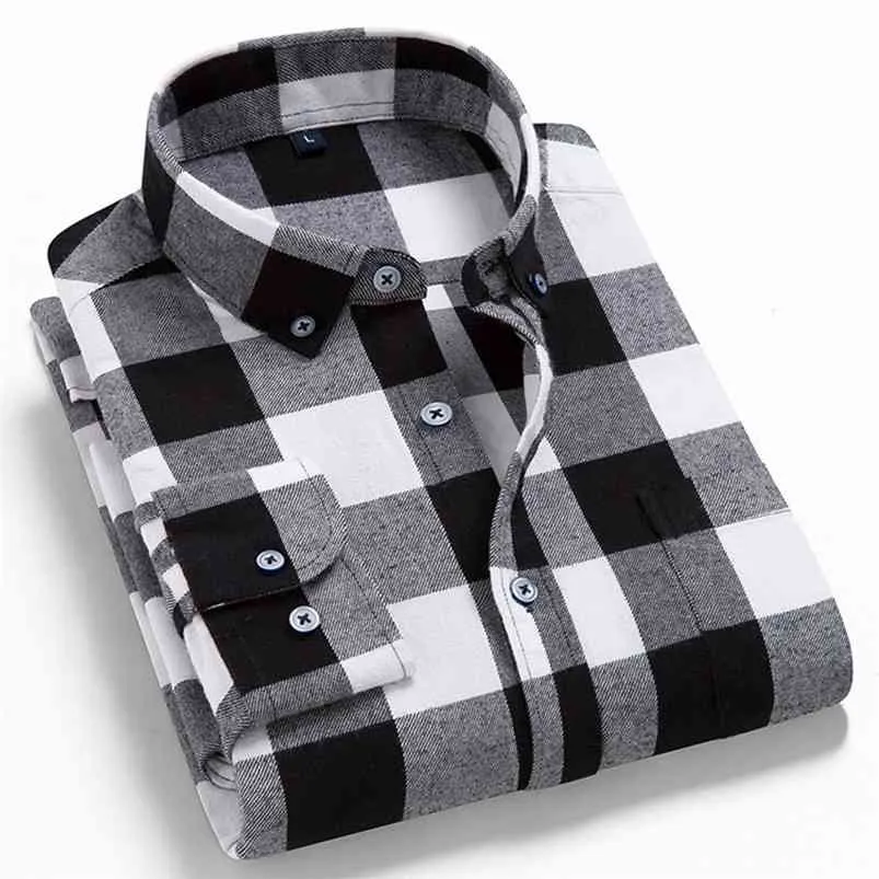Chemise à carreaux en flanelle à manches longues pour hommes 100% coton Spring Festival Automne Doux Confortable Hommes Social Retro Casual Vêtements 210721