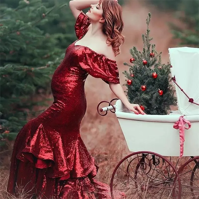 dark red maternity dress Elegant Burgundy Off Shoulder Long Sleeves Formal Maternity Dress