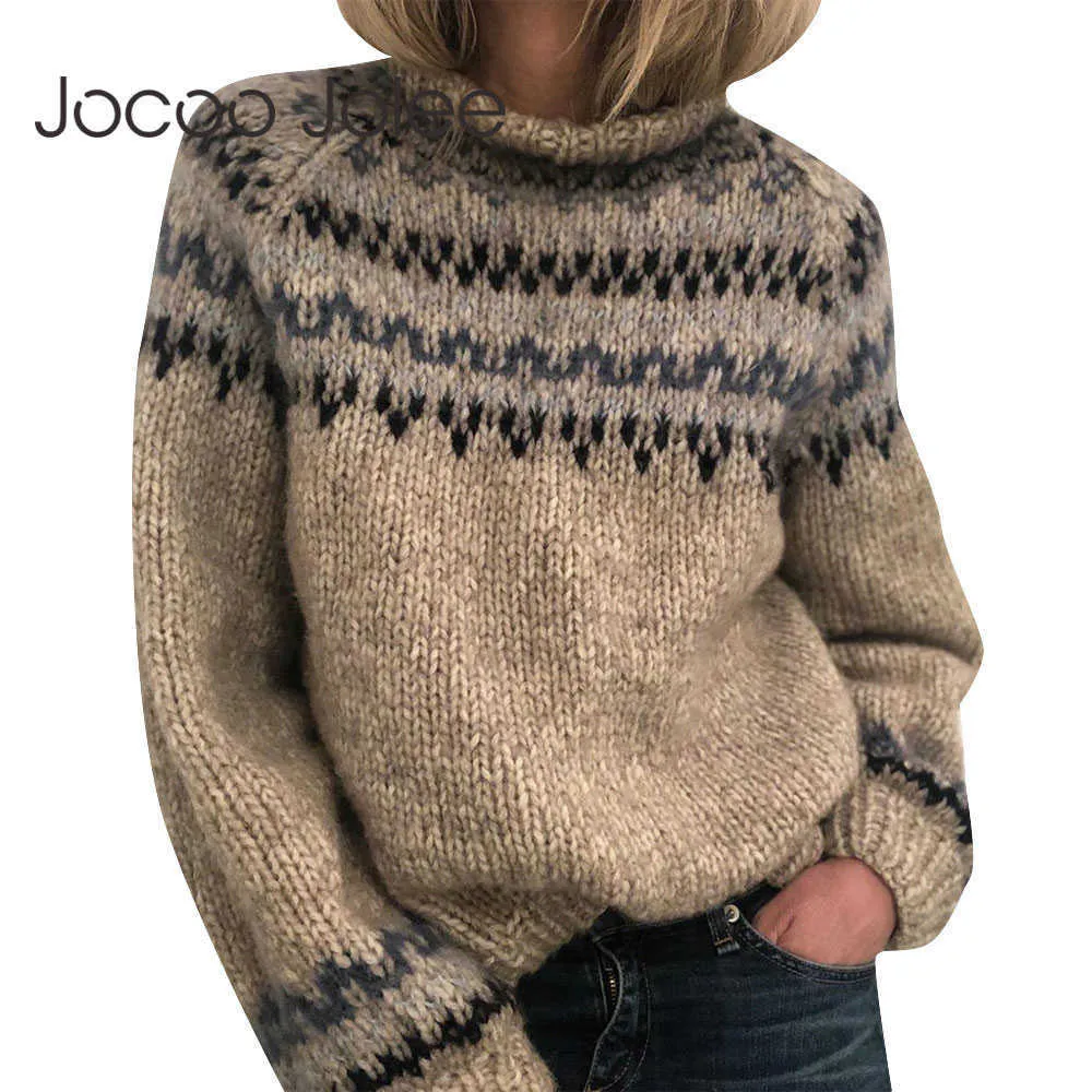 Jocoo Jolee Women Vintage Turtleneck Print Loose Sweater Indie Folk Style Harajuku Pullover Winter Striped Knitted Tops Jumpers 210619
