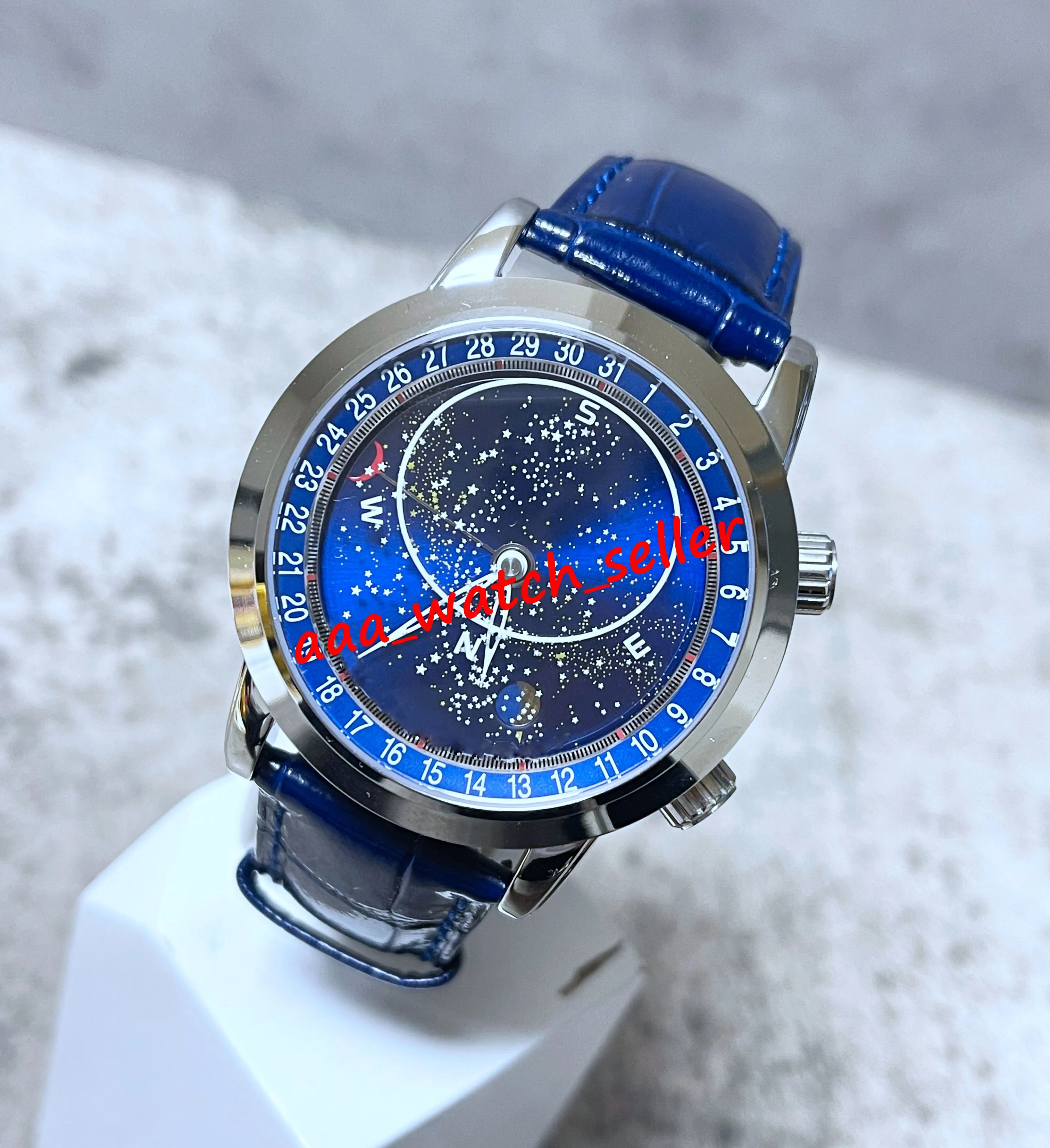 SJF Master Luxus-Herren-Monduhren, 44 mm, Sternenhimmel, 6102, 6102P, glatte Lünette, blaues Lederarmband, mechanisches Automatikwerk, Saphirglas, leuchtende Sportarmbanduhren