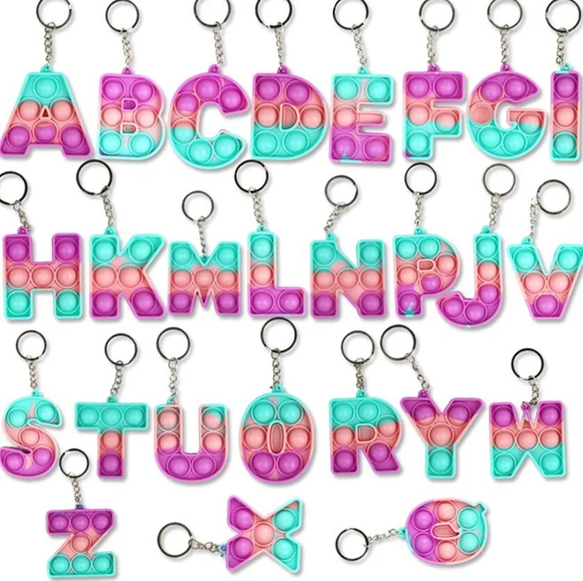 26 Letters Numbers Sensory Fidget Pop Bubble Poppers Key Ring Alfabetform Push Bubbles Popper Bräda Keychain Finger Puzzle Charm Tie Dye Rainbow Bag Hanging D104