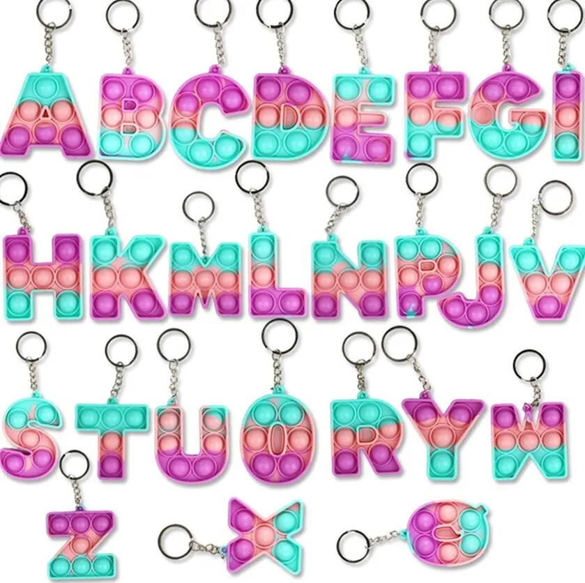 26 Letters & Numbers Sensory Fidget Pop Bubble Poppers Key Ring Alphabet Shape Push Bubbles Popper Board Keychain Finger Puzzle Charm Tie Dye Rainbow Bag Hanging D104