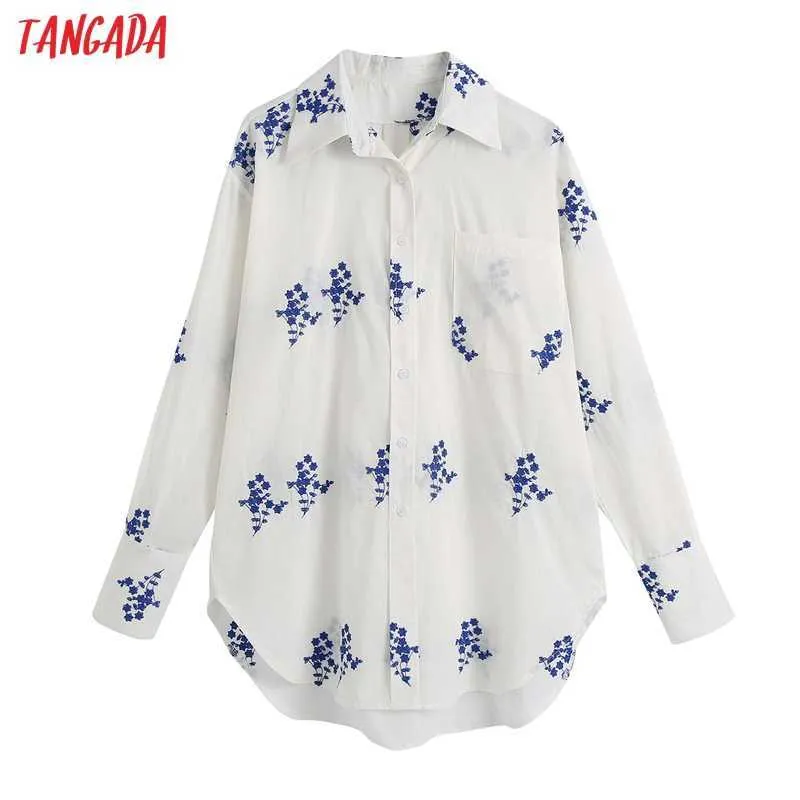 Tangada Women Retro Embroidery Romantic Cotton Blouse Shirt Long Sleeve Chic Female Shirt Tops BE677 210609