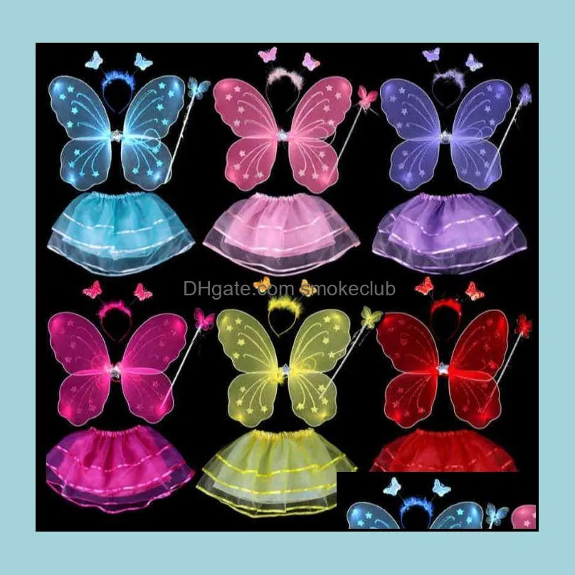 4Pcs Fairy Princess Kids Costume Set Butterfly Wings Wand Headband Tutu Skirt Children Stage Wear Girls Party Halloween Costumes