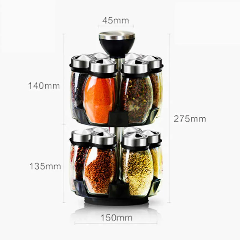 Dubbelskikt Kök Glas Kryddor Flaskor Salt Peppar Storage Rack Roterande Cruet Condiment Seastering Jars