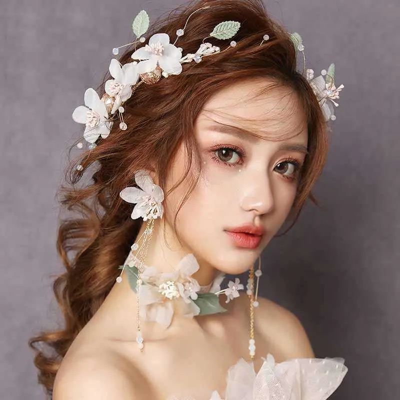 Korean Women Headbands and Earrings Set Wedding Bride Tiaras Crowns Bridal Flower Headdress Hair Accessories Pearl Diadem Crown X0625