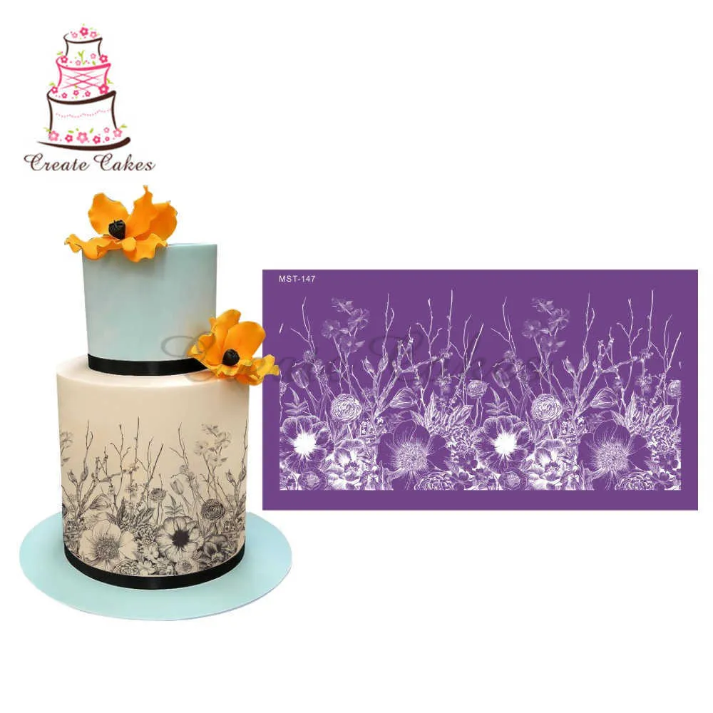 Tudo cresce estêncil estêncil flor lace musha stencils para casamento bolo de borda stencils fondant molde bolo de decoração ferramentas 210721