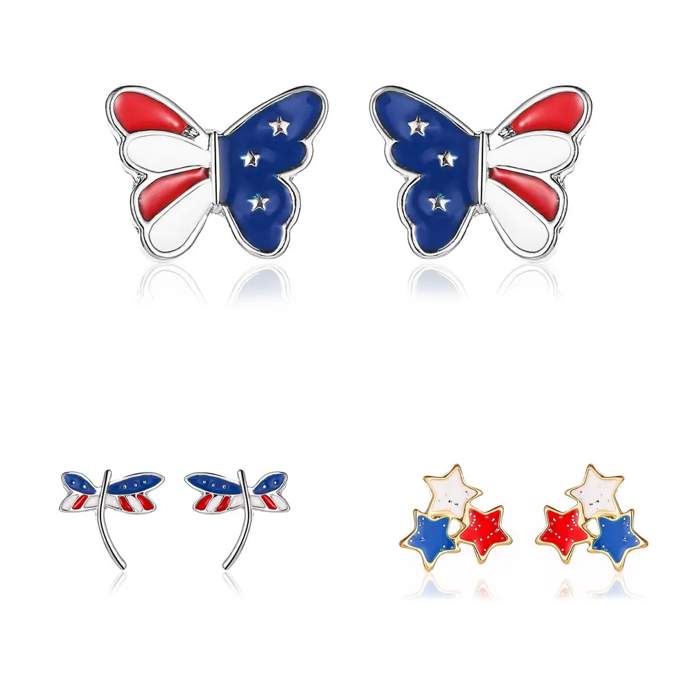 Amerikan bayrağı üç yıldız mavi sarı kırmızı beyaz kelebek yusufçuk bakır metal basit saplama küpe kadınlar için x0709 x0710
