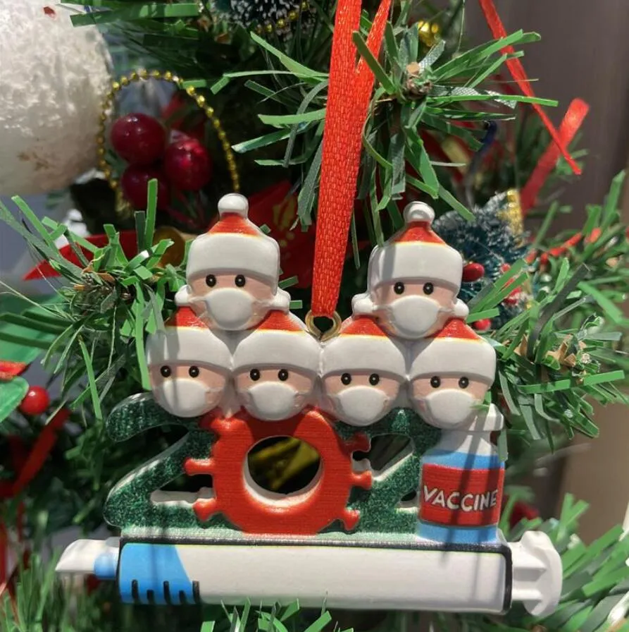 2021 Quarantaine Kerstmisverjaardagen Party Decoratie Santa 1-9 Heads Spuit met Masker Gepersonaliseerde Familie Afdeling Opknoping Ornament Decor