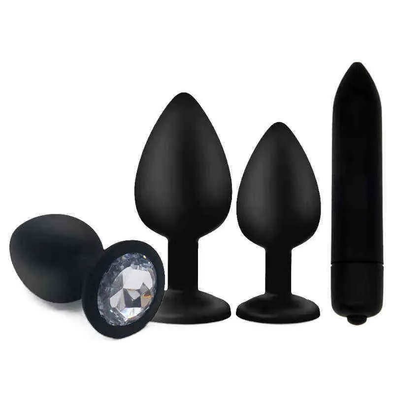 Nxy Giocattoli anali 4 pezzi set Plug in silicone Gioielli vibratore vibratore giocattoli del sesso per donna massaggiatore prostatico vibratori proiettili culo uomini gay 1207