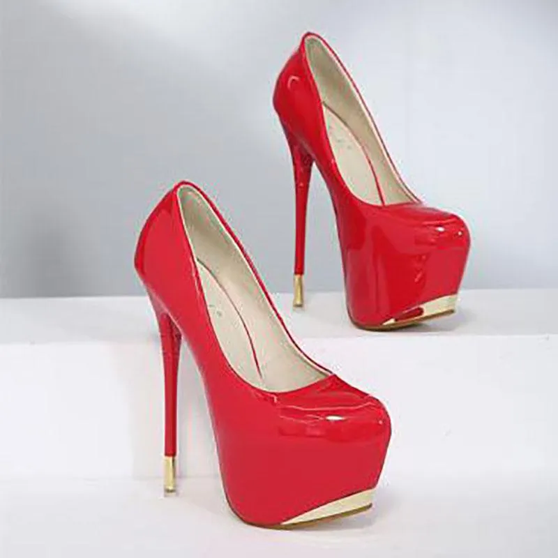 Jurk Schoenen 16 CM Hoge Hakken Dames Ronde Teen Night Club Pumps Platfrom Sexy Patent Single Sh Onlow Mond Stiletto