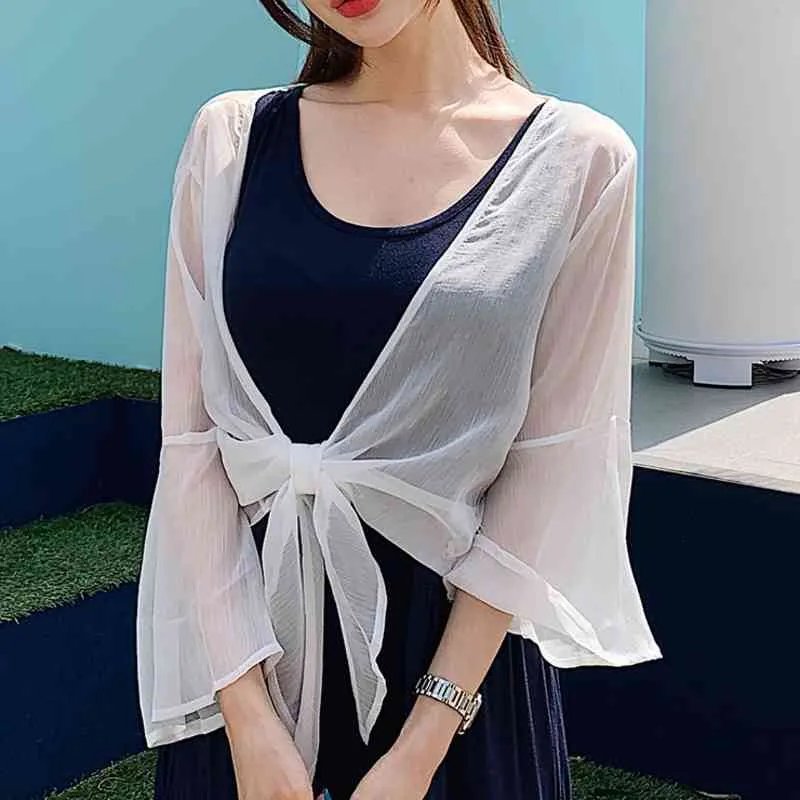 WOMENGAGA Spring Women's Clothing Perspective Short Mesh Lace Cardigan Loose Bandage Sunscreen Shirt blouse F7WW 210603