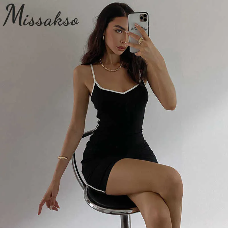 Missakso Sexy Backless Spaghetti Strap Kleid Frauen Kontrast Farbe Club Party Sommer Off Schulter Mini Kleider 210625