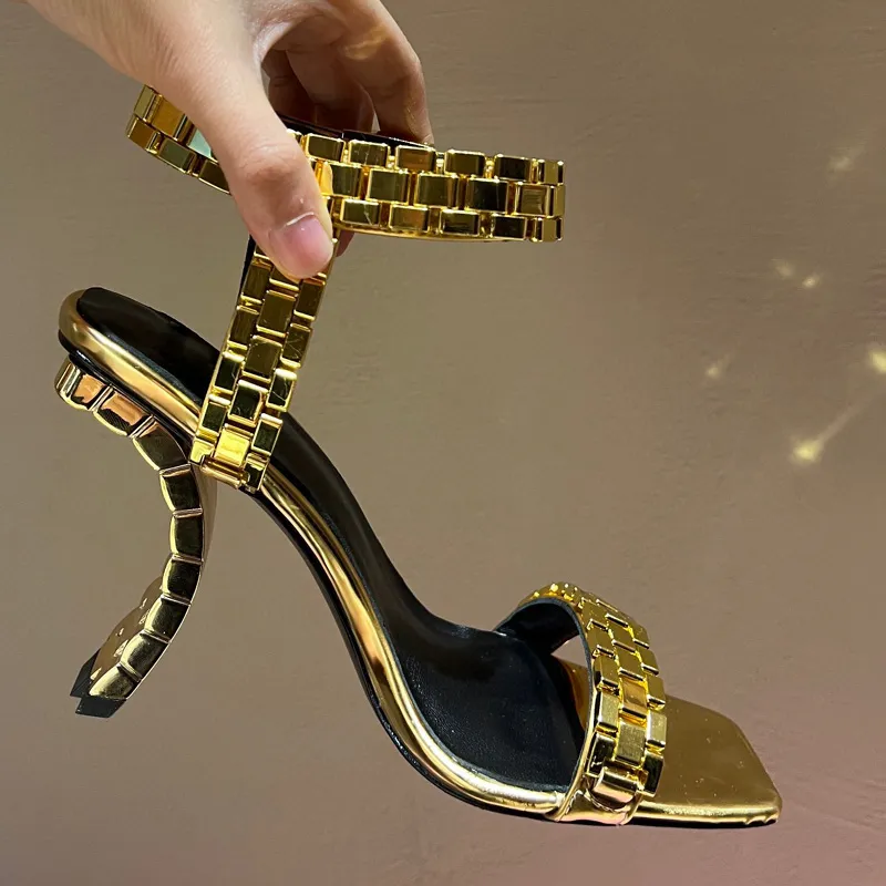 2022 Luxury Designer high heel sandals women`s metal watch with word buckle 10cm thick heel Roman open toe latest fashion spring and summer shoes golden white 35-41 box