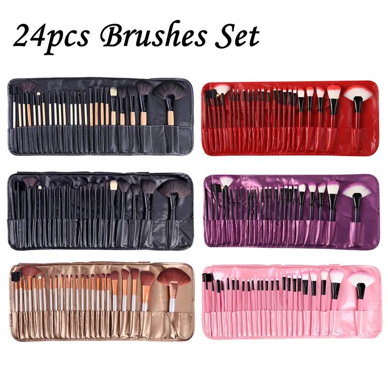 24PCS Foundation Makeup Brushes Set Trähandtag Make Up Brush Kit Ochas de Maquillaje i 6 färger