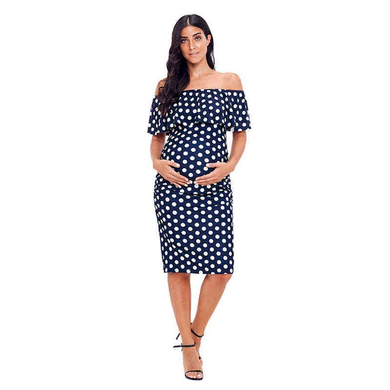 Abiti premaman con spalle scoperte Increspature Wave Point Lunghezza al ginocchio Abbigliamento in gravidanza Abiti morbidi Abiti premaman per donna G220309