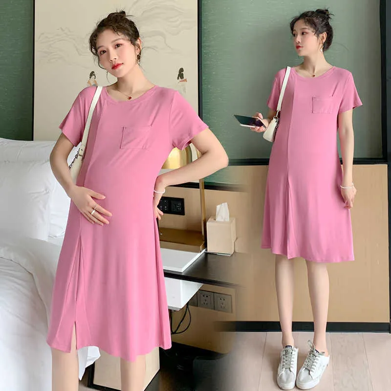 6678 # Summer Thin Modal Coton Robe de maternité Une ligne Slim T-shirt Vêtements pour femmes enceintes Grossesse Sommeil Home Lounge Wear Q0713