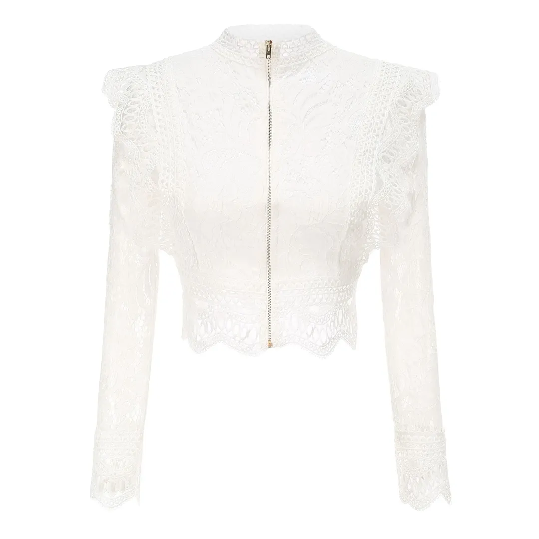 White Lace Embroidered Cropped cut blouse - High Neck, Back