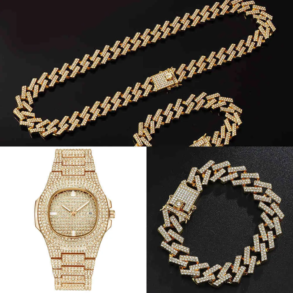 Montre + Chaîne + Bracelet Homme, Hip Hop, Cristal de Glace, 15mm, Cuba, Pebble Diamond, Miami Zircon, Collier Homme Q0809