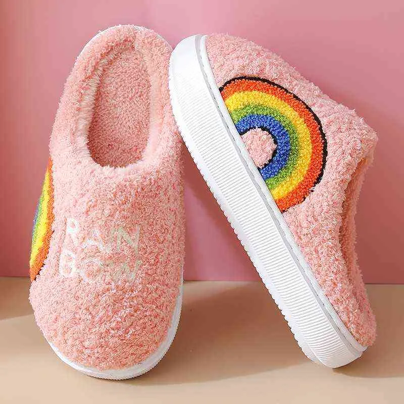 Vrouwen Mannen Leuke Regenboog Winter Warm Slippers Dikke Soled Non-Slip Pluche Katoenen Schoenen Memory Foam Couples Huis Slaapkamer Bont Dia's Y1206