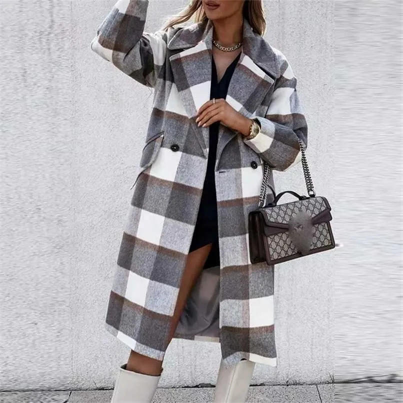 Mode Plaid laine manteau conception automne hiver dames bouton poche élégant col rabattu bureau Long Cardigan 211130