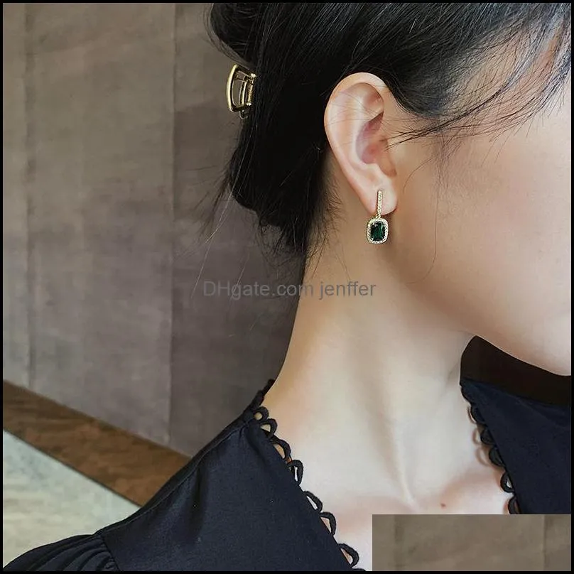 Dangle & Chandelier Luxury Exquisite Geometric Green Crystal Pendant Earrings For Woman Korean Fashion Jewelry Wedding Party Girl`s