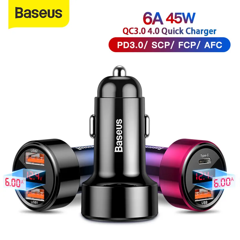 Baseus 45W Dual USB Tipo C Caricatore per telefono cellulare Ricarica per auto in metallo QC3.0 4.0 Ricarica rapida per iPhone Samsung Huawei