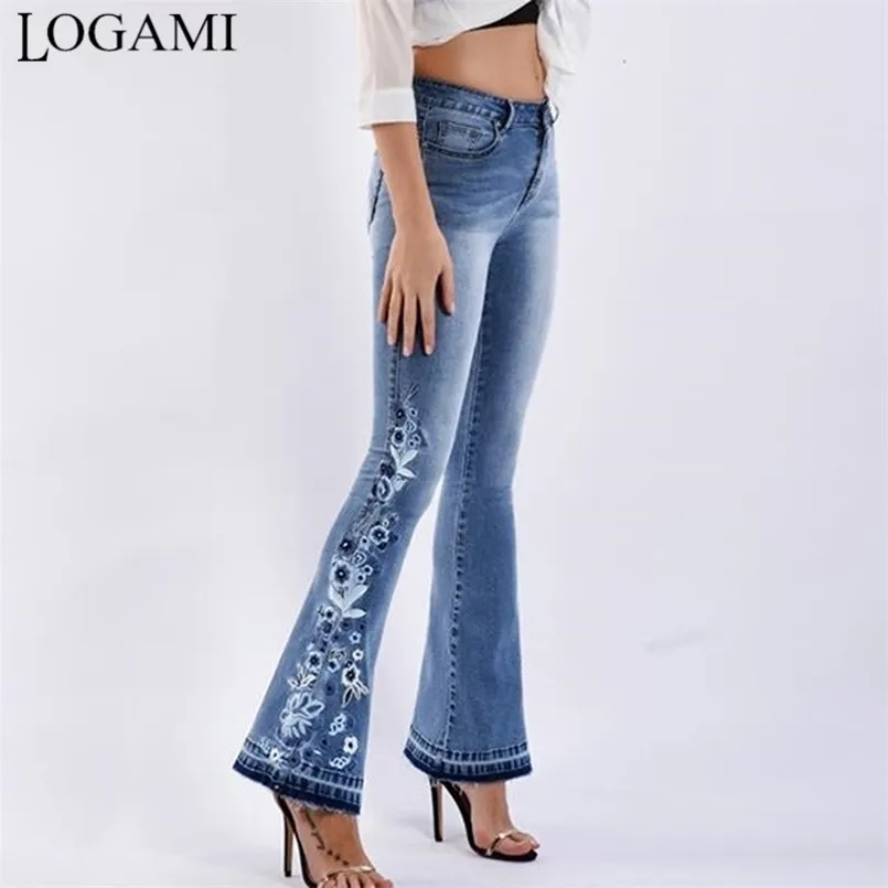 LOGAMI fleur broderie jean skinny femme vintage flare denim pantalon 220310