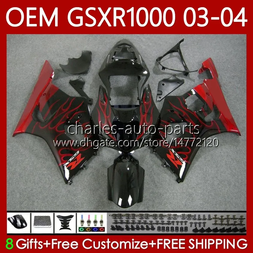 Injeção Red Flames Molde Corpo para Suzuki GSX-R1000 GSXR 1000 CC GSXR-1000 K3 2003-2004 Bodywork 67NO.94 K3 1000CC GSXR1000 03 04 GSX R1000 2003 2004 OEM Fairings Kit Blk