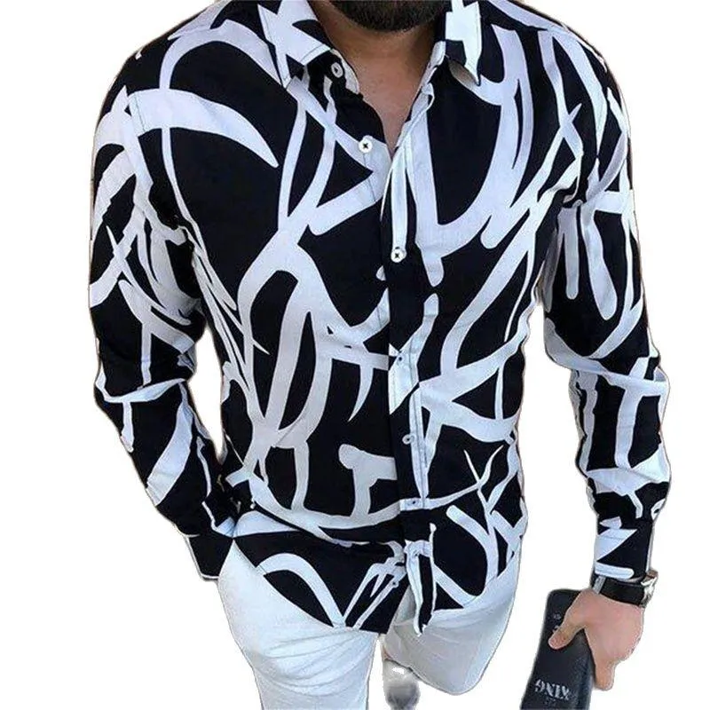 Camisas casuais masculinas masculinas slim fit manga comprida camisa de festa flor tops 2021 estilo punk seda cetim preto branco impressão listrada