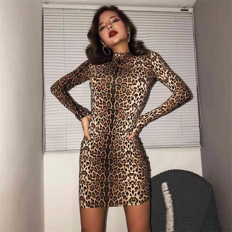 Lange mouwen hoge nek luipaard print sexy bodycon mini jurk herfst winter vrouwen mode kerstfeest kleding 210607