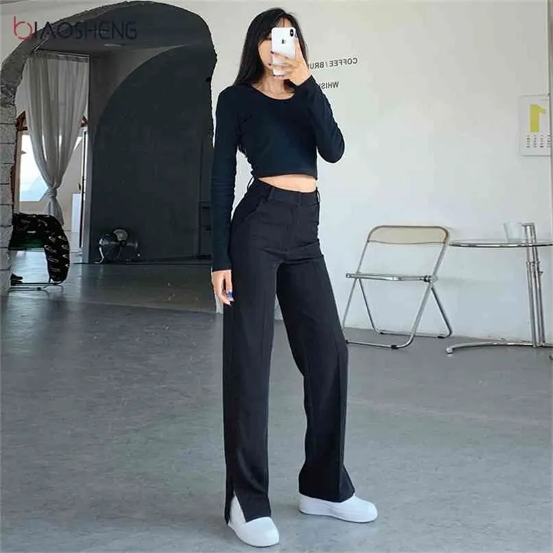 Kadın Pantolon Yüksek Bel Takım Moda Gevşek Pantolon Geniş Bacak Kadın Tam Boy Rahat Artı Boyutu Flare S 210915