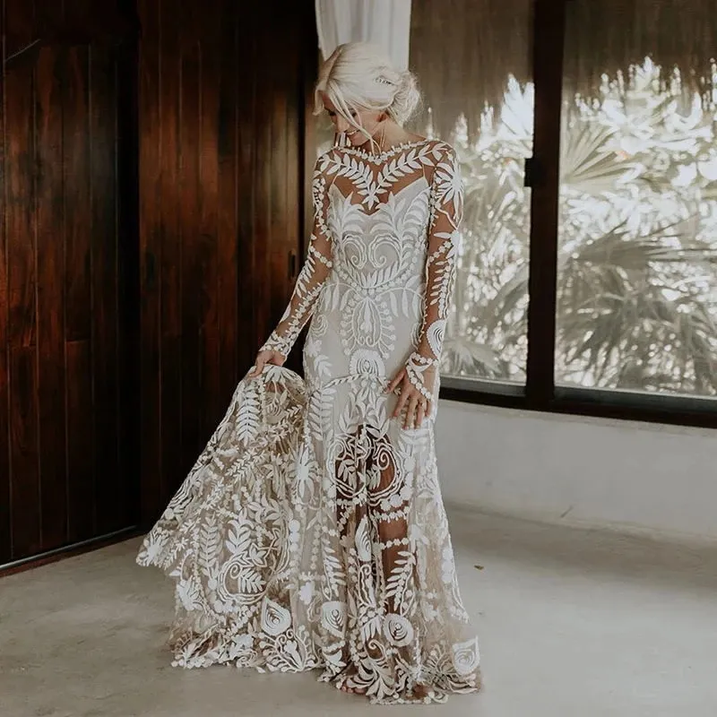 long sleeve lace beach wedding dress Bohemian Mermaid Scoop Neck Long Sleeves Lace Beach Wedding Dress AB081204   Anniebride