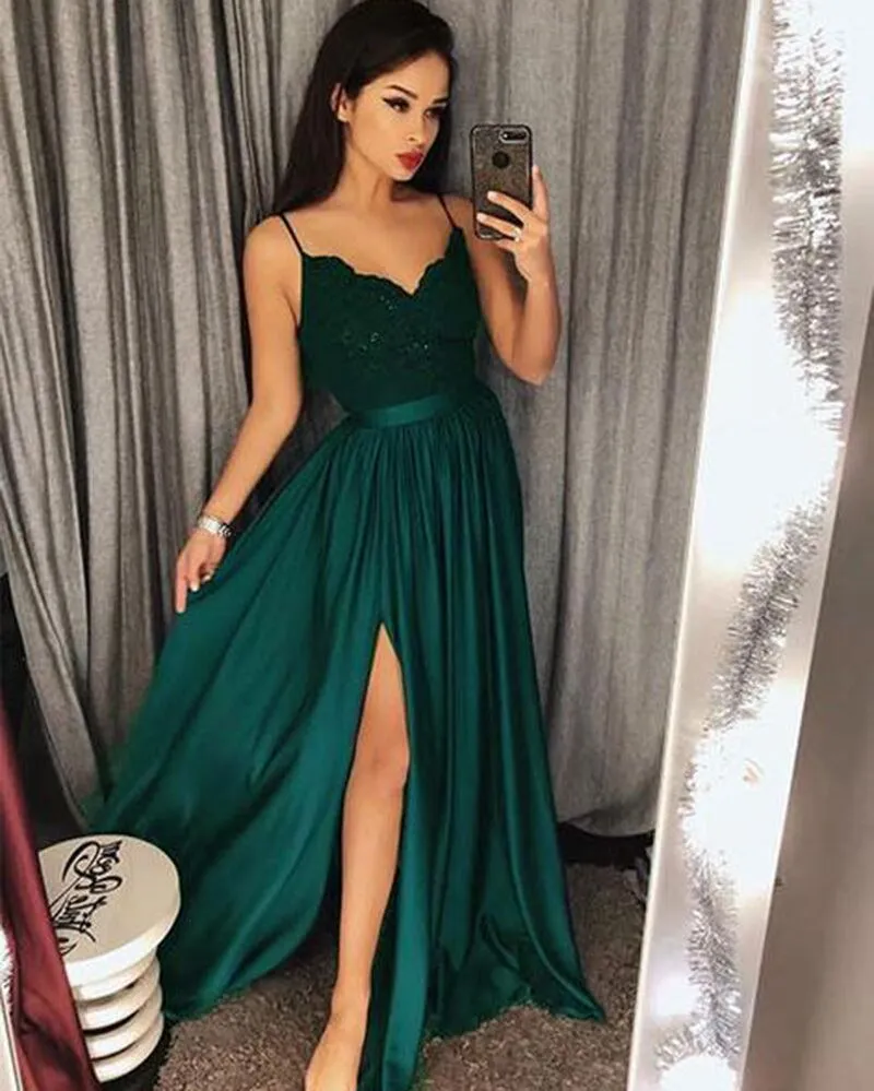 Sexy Green Leg Split Evening Dress Classy Spaghetti Straps Formal Holiday Season Party Gown Custom Made Plus Size Available