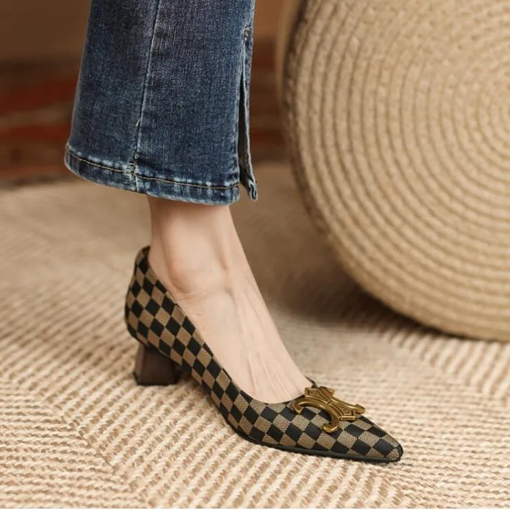 Vintage Plaid Single Shoes Women 2022 Sexy Pointed toe Kitten heel Lady Dress Shoes