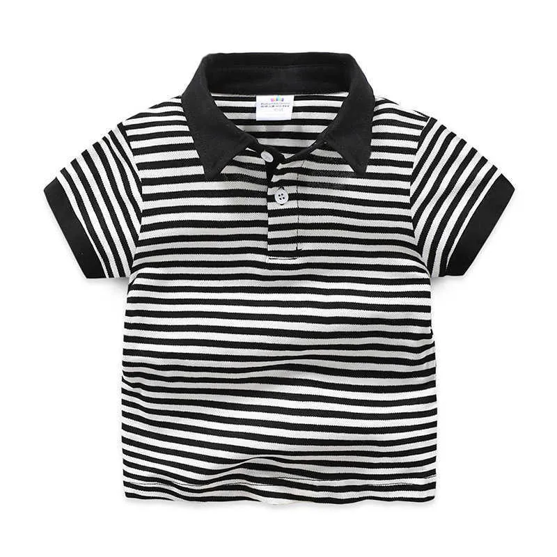 Été 2 3 4 5 6 8 10 ans École Enfants Vêtements Coton Col Turn-Down Blanc Noir T-shirt rayé pour bébé enfants garçons 210529