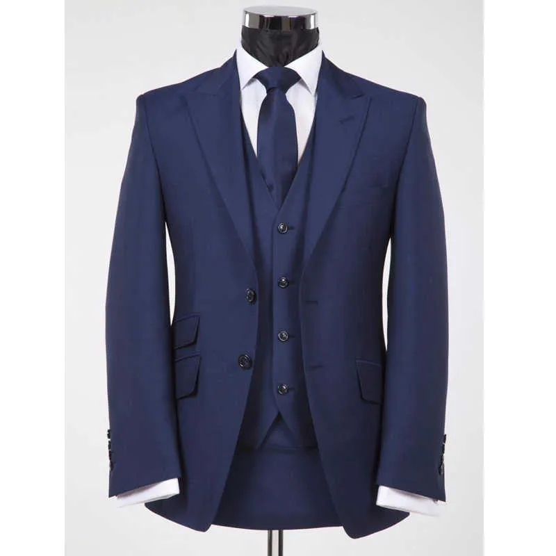 Navy Blue Groom Tuxedo för män 3 stycken smal passform man kostymer med toppad lapel anpassad formell manlig mode kostym jacka waistcoat x0909