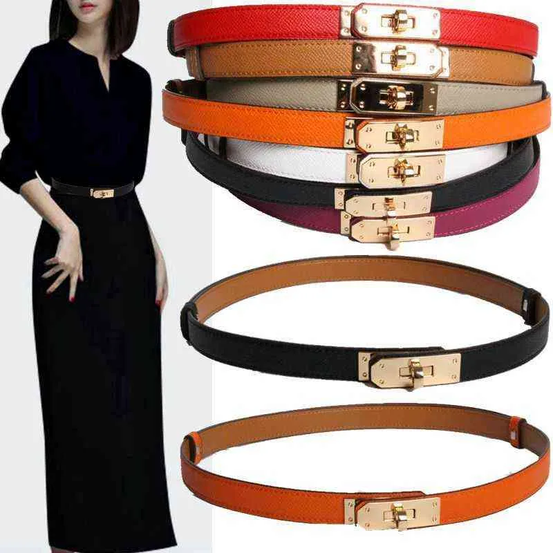 Luxury Brand High Quality Women Real Leather 1.8cm Width Belts Golden Lock Buckle Dress Jeans Sweater Waistband Belt 211116