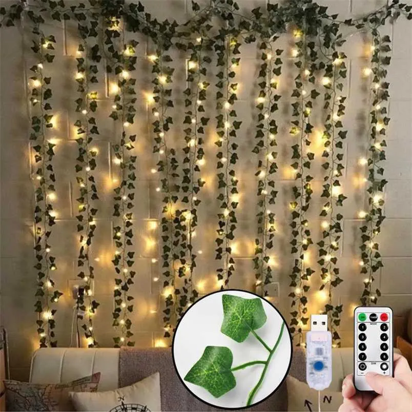 12 Stks Kunstplanten Liana LED Blad Garland Zijde Rotan Blad Wijnstok Opknoping voor Home Woonkamer Decoratie Accessoires Creeper 211104