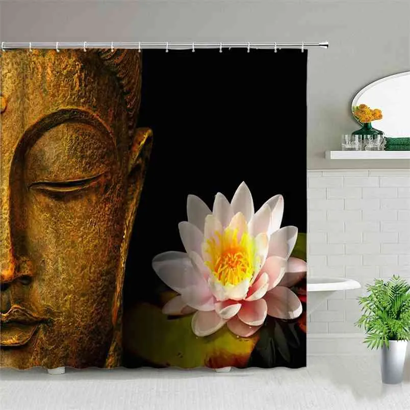 Zen Bath Gordijn 3D Waterdichte Polyester Douche Gordijnen Boeddha Standbeeld Bamboe Schermen Home Decor in de 210915